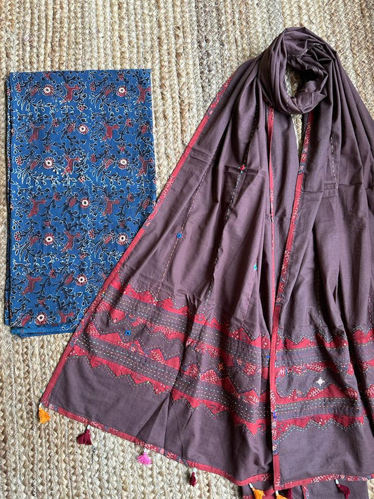 BLUE AND BROWN AJRAKH HANDBLOCK COTTON KURTA SET