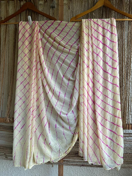 CREAM   LEHERIYA HANDCRAFTED CHIFFON SARI