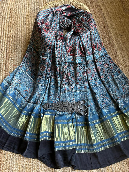 INDIGO BLACK AJRAKH MODAL SILK ZARI WOVEN DUPATTA