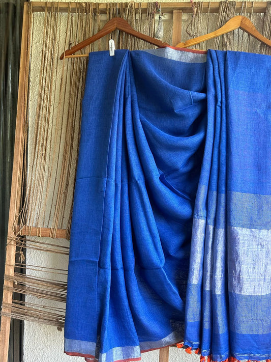 ROYAL BLUE  LINEN COTTON SARI WITH WOVEN WHITE BORDER & ORANGE  TASSELS