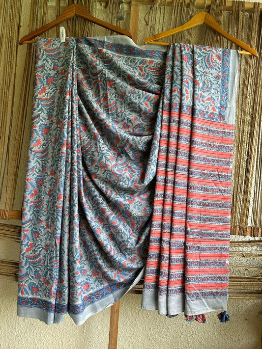 SEA BLUE AND PEACH MULL COTTON HANDCRAFTED SAREE