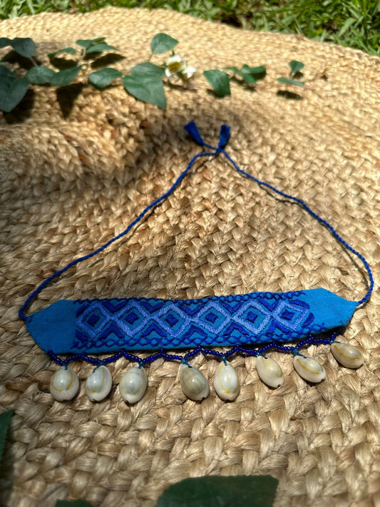 BLUE BEAUTIFUL HANDCRAFTED HANEMBROIDERY CLOTH CHOKER  JEWELLERY