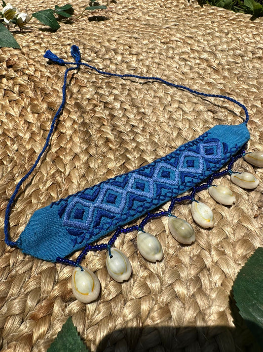 BLUE BEAUTIFUL HANDCRAFTED HANEMBROIDERY CLOTH CHOKER  JEWELLERY