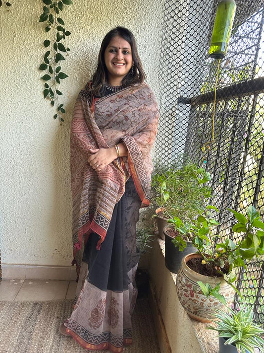 MAROON BEIGE KOTA DORIA HANDBLOCK SARI