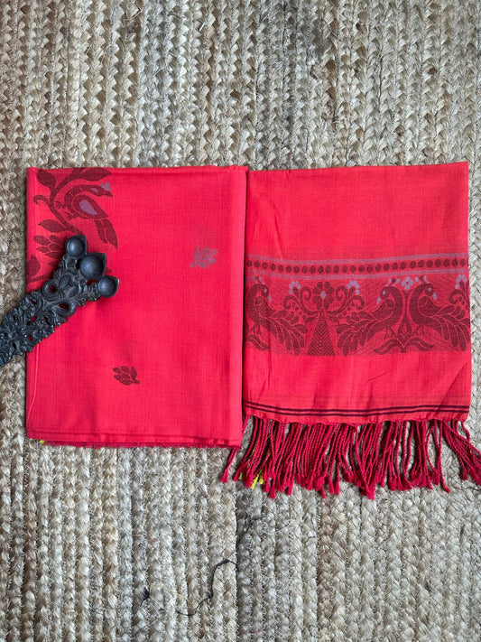 CHERRY RED JAMDANI WOVEN MULL KURTA SET