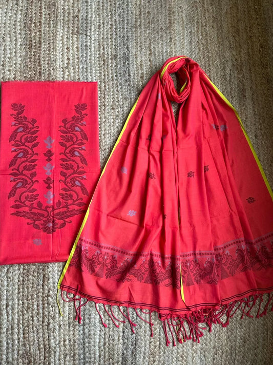 CHERRY RED JAMDANI WOVEN MULL KURTA SET