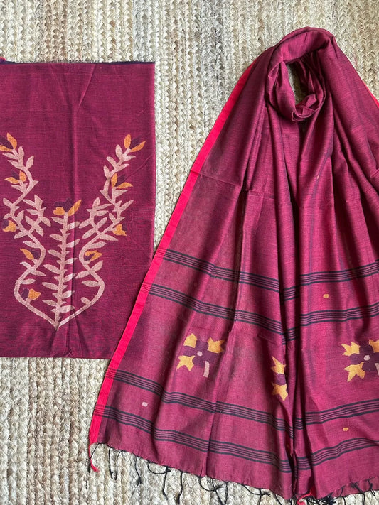 MAROON JAMDANI WOVEN MULL KURTA SET