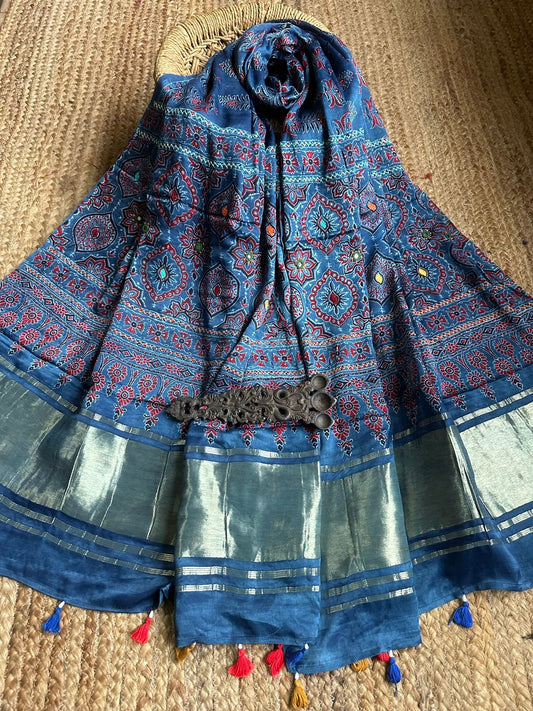 INDIGO MODAL AJRAKH HANDCRAFTED HANDEMBROIDERY DUPATTA WITH ZARI