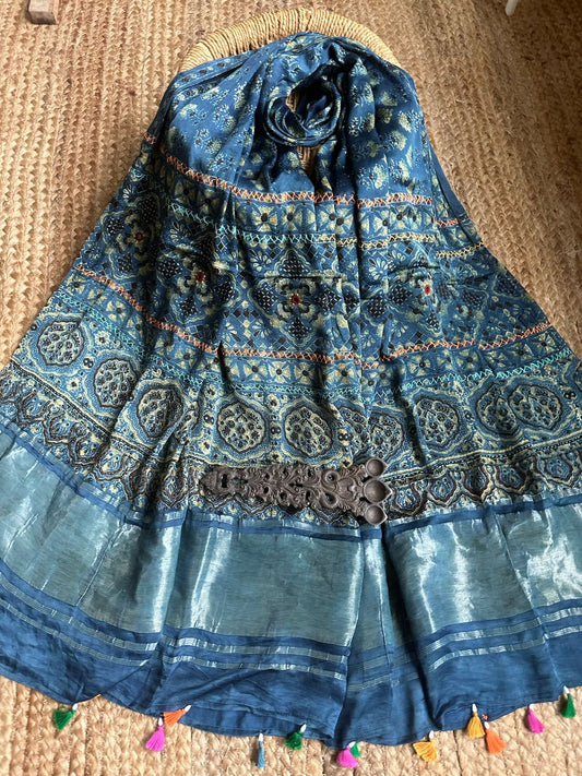 INDIGO MODAL AJRAKH HANDCRAFTED HANDEMBROIDERY DUPATTA WITH ZARI