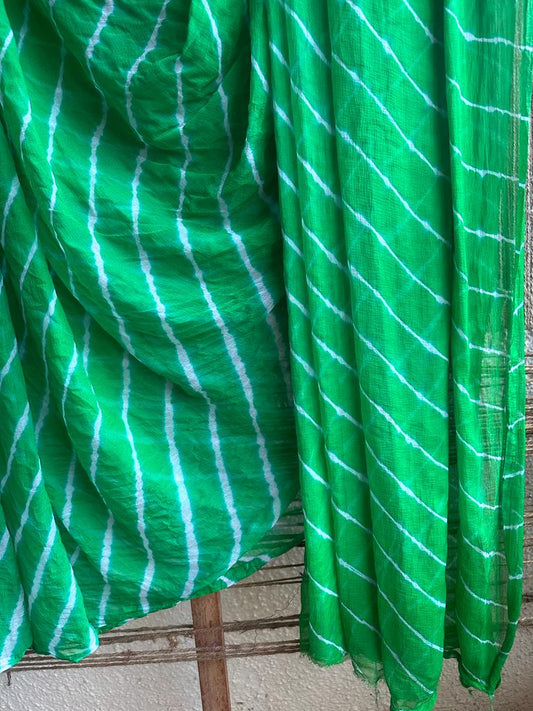 GREEN LEHERIYA HANDCRAFTED CHIFFON SARI