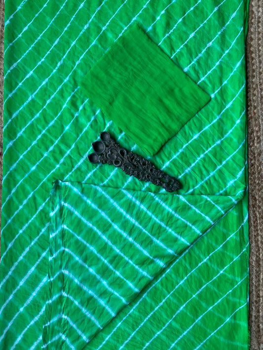 GREEN LEHERIYA HANDCRAFTED CHIFFON SARI