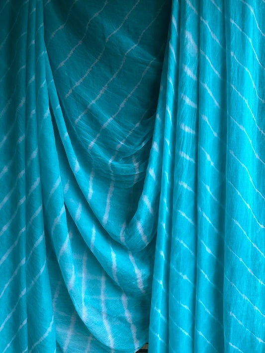 SKY BLUE LEHERIYA HANDCRAFTED CHIFFON SARI