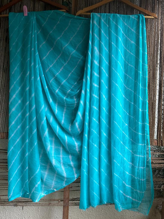 SEA BLUE LEHERIYA HANDCRAFTED CHIFFON SARI