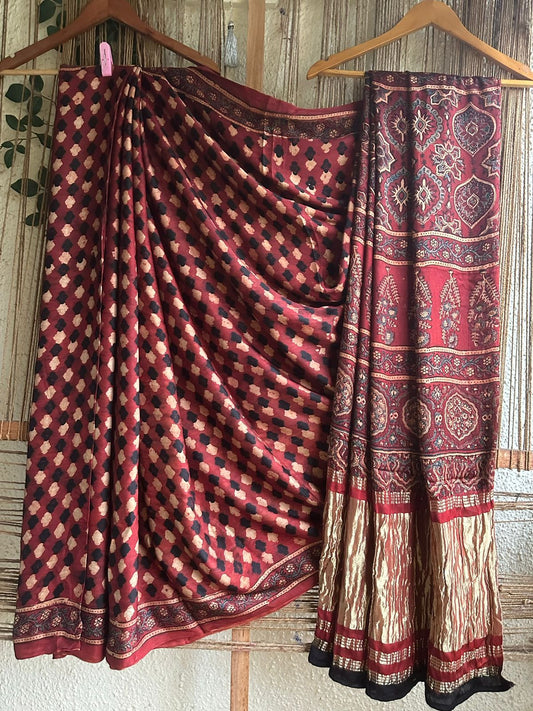 MAROON AJRAKH MODAL SILK SARI WITH ZARI BORDER