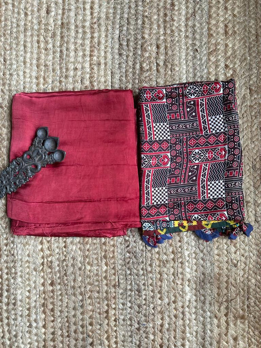 MAROON MASHRU SILK KURTA WITH PATCHWORK AJRAKH MODAL SILK DUPATTA