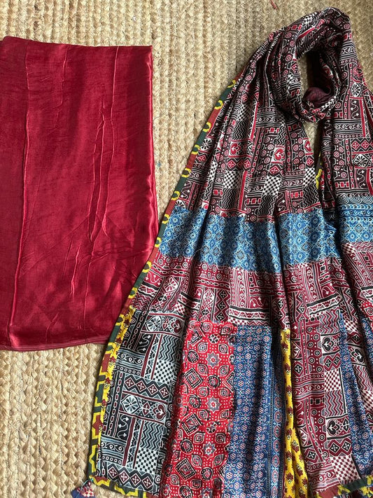 MAROON MASHRU SILK KURTA WITH PATCHWORK AJRAKH MODAL SILK DUPATTA