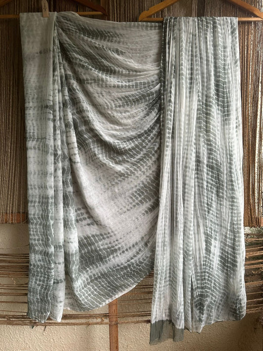 WHITE GREY SHIBORI HANDCRAFTED CHIFFON SARI CL-42
