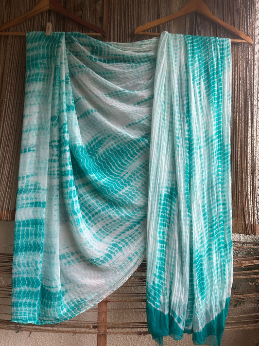 WHITE SKY GREEN SHIBORI HANDCRAFTED CHIFFON SARI CL-43