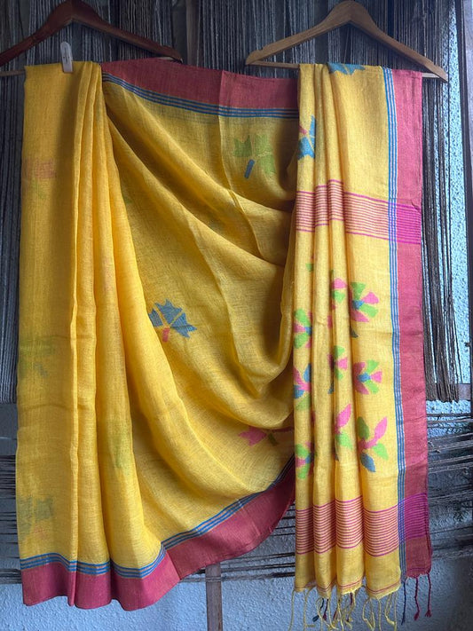 BEAUTIFUL YELLOW WITH RUST RED HAND WOVEN PURE ORGANIC JAMDANI SAREE