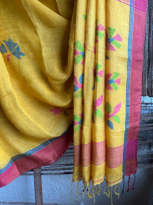 BEAUTIFUL YELLOW WITH RUST RED HAND WOVEN PURE ORGANIC JAMDANI SAREE