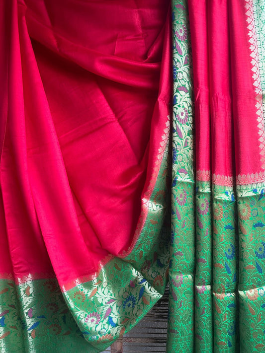 BEAUTIFUL RED GREEN MEENA WORK DUPION BANARASI SILK SAREE