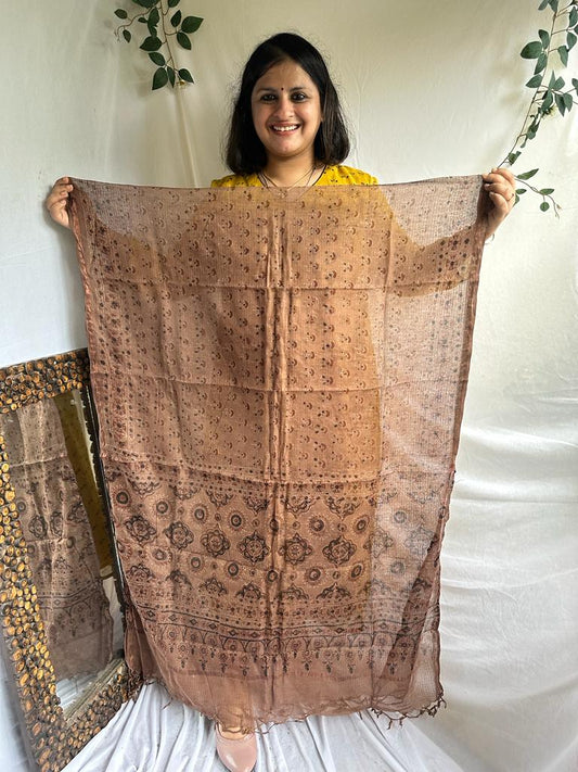 CHIKKO BROWN KOTA AJRAK HANDCRAFTED DUPATTA