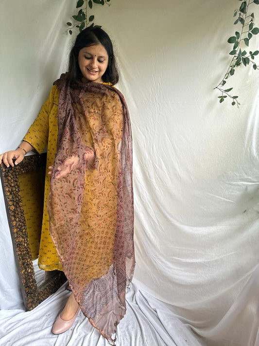 CHIKOO BROWN KOTA AJRAK HANDCRAFTED DUPATTA