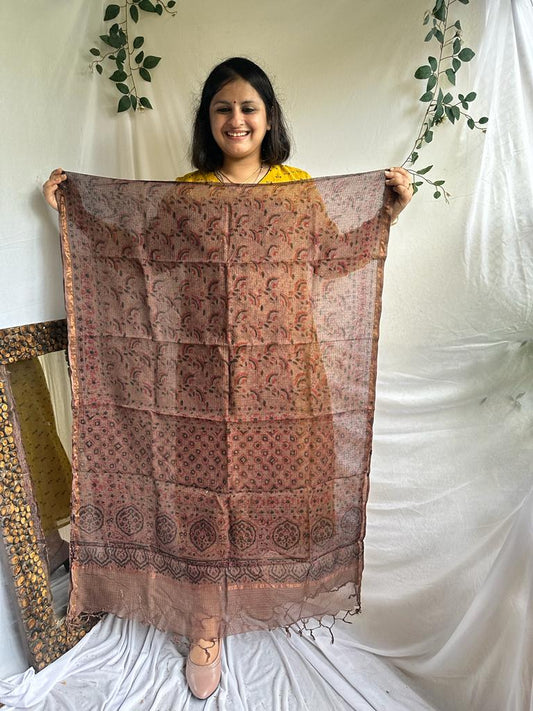 CHIKOO BROWN KOTA AJRAK HANDCRAFTED DUPATTA