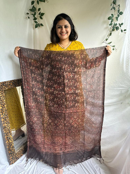 CHIKOO BROWN KOTA AJRAK HANDCRAFTED DUPATTA