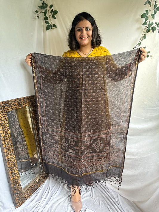 CHIKOO BROWN KOTA AJRAK HANDCRAFTED DUPATTA