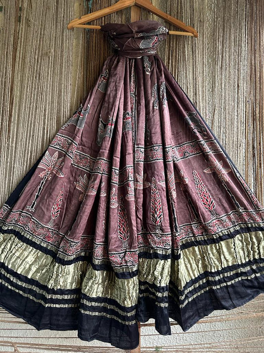 BROWN BLACK  AJRAKH MODAL SILK ZARI WOVEN DUPATTA (Copy)