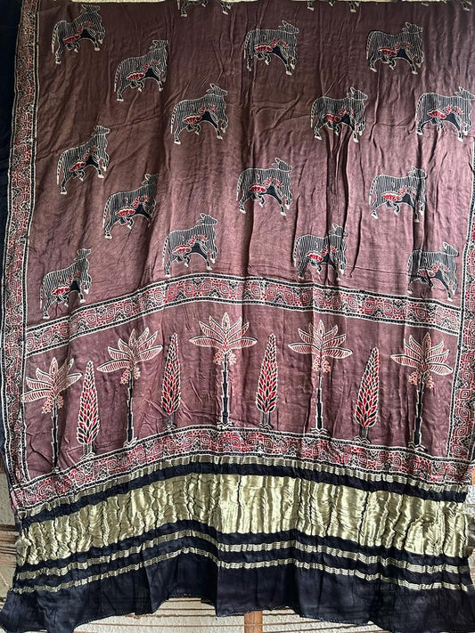 BROWN BLACK  AJRAKH MODAL SILK ZARI WOVEN DUPATTA (Copy)