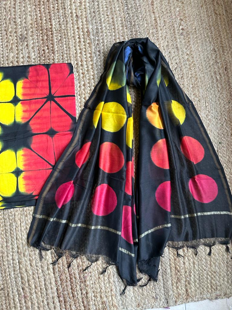 Black Multicolour Clamp Chanderi Cotton kurta Set