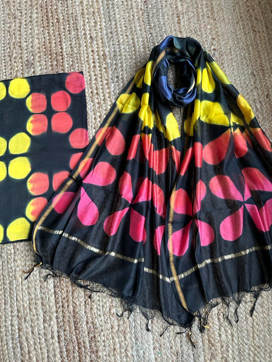 Black Multicolour Clamp Chanderi Cotton kurta Set