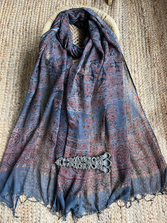 SAPPHIRE BLUE & BLACK & RED FLOWER PRINT KOTA AJRAK HANDCRAFTED DUPATTA