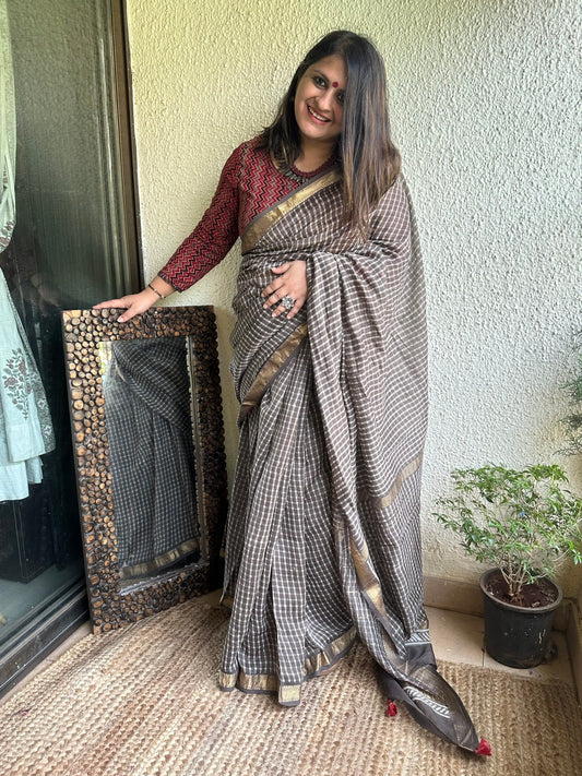 GRAY CHECK MAHESHWARI SILK COTTON SARI