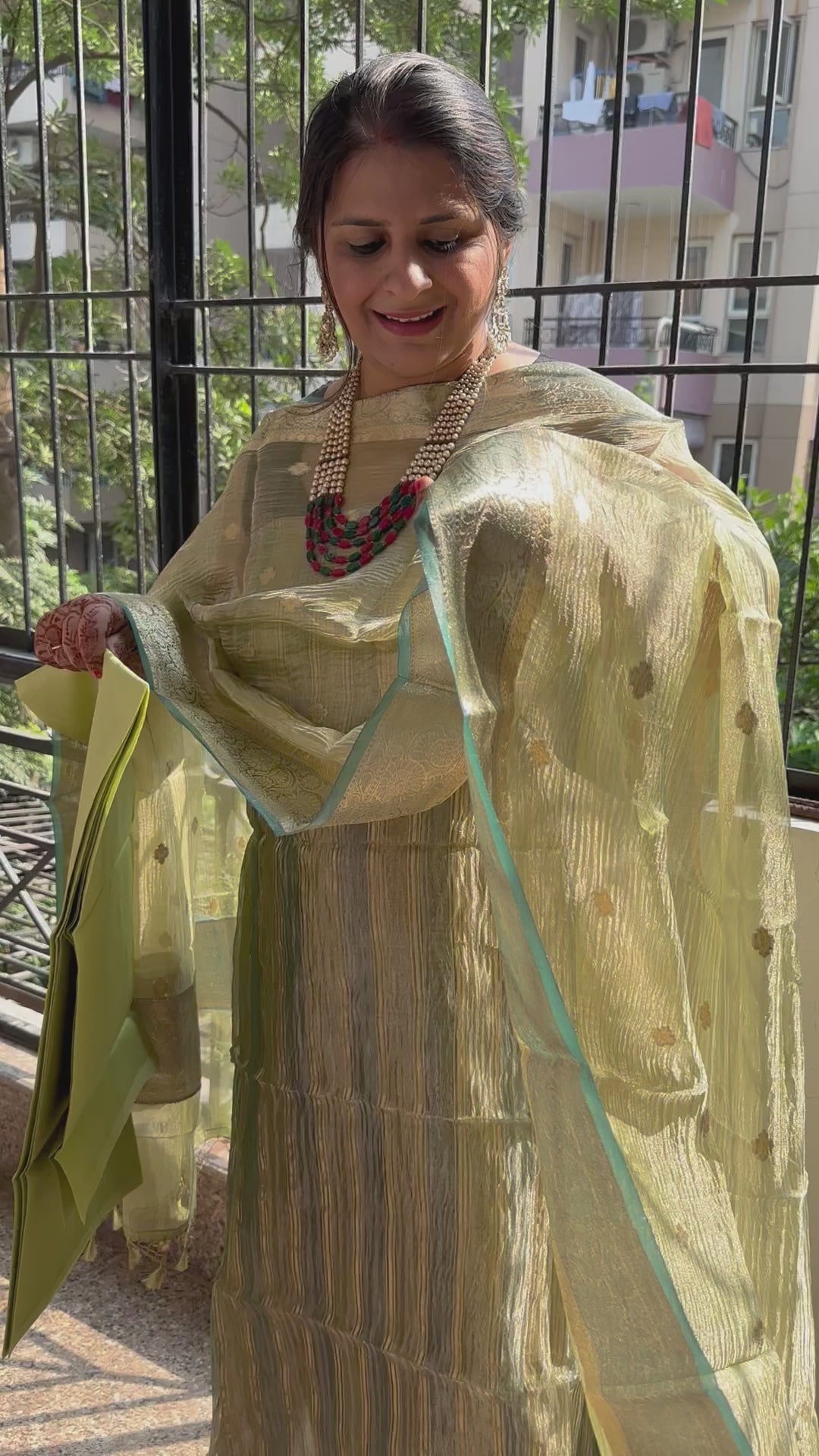 PISTACHIO GREEN BANARASI ZARI CRUSHED TISSUE SILK THREE PIECE  SET SUIT