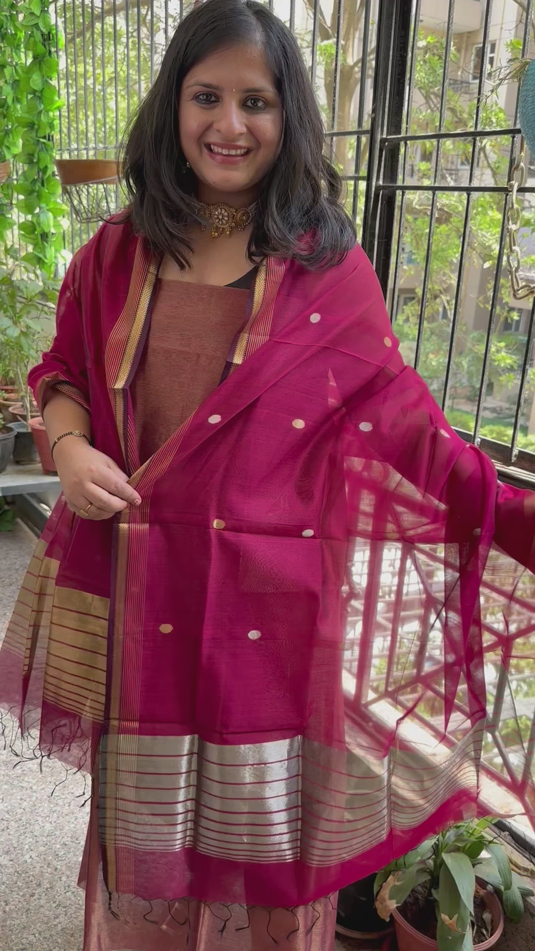 GOLDEN  MAGENTA TISSUE  MAHESHARI SILK HANDLOOM KURTA SET