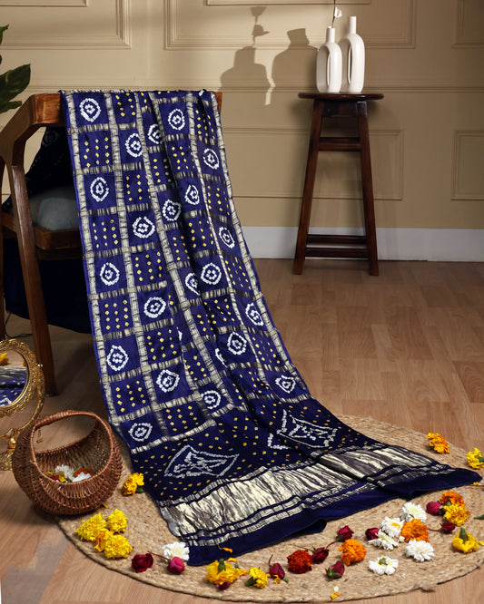 Dark blue handcrafted modal silk gharchola dupatta